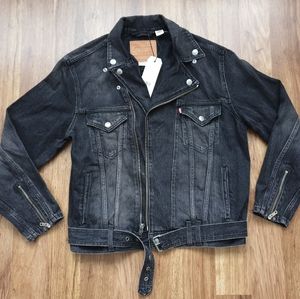 Levis Premium Big E Moto Denim In Rider Trucker Jean Jacket Black Men's NEW